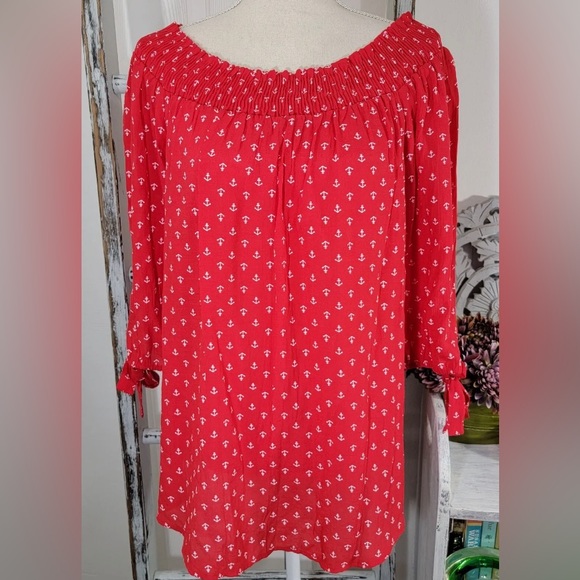 Counterparts Tops - Counterparts Red & White Anchor Off the Shoulder Top Nautical Blouse |Sz XL